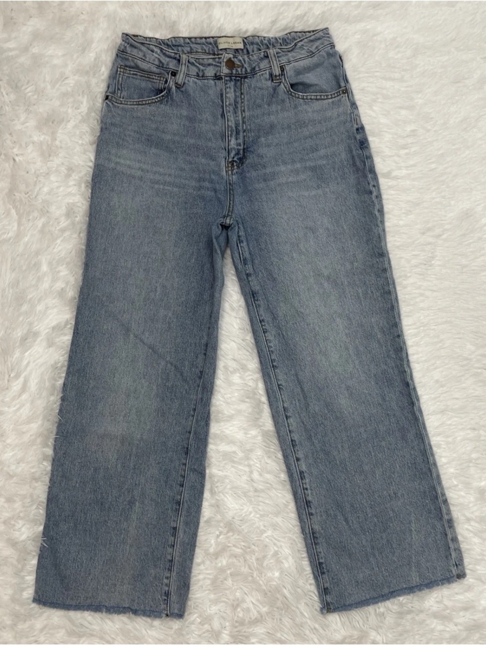 Oliver Logan Aberdeen Wide Leg Crop Jeans Womens Size 30 Blue High Rise Raw Hem - Picture 2 of 14